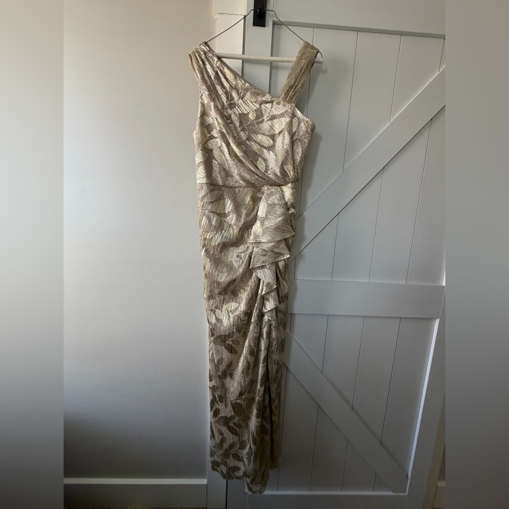 Adrianna Papell Asymmetric Metallic Mermaid Gown - Champagne Gold